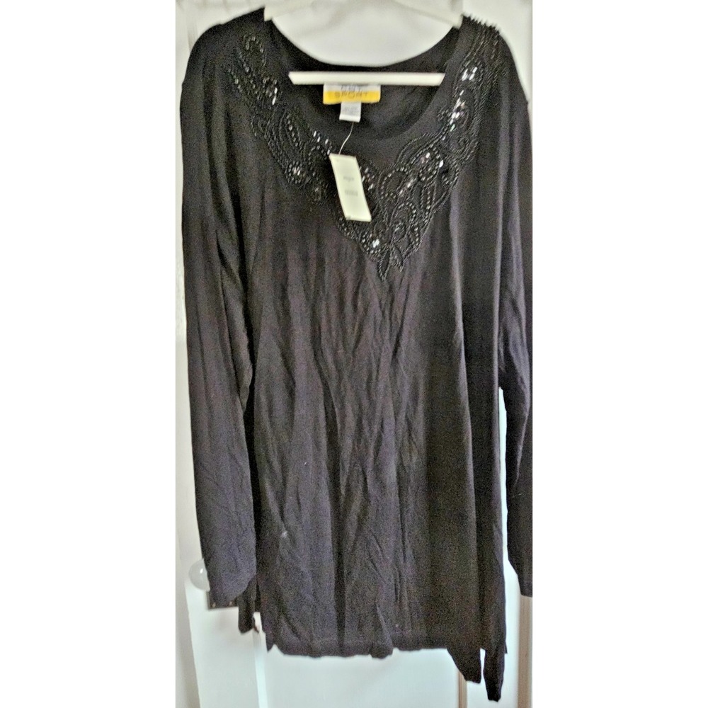 NWT C.S.T.‎ SPORT woman Sz 3X long sleeve embellished and beaded front black top